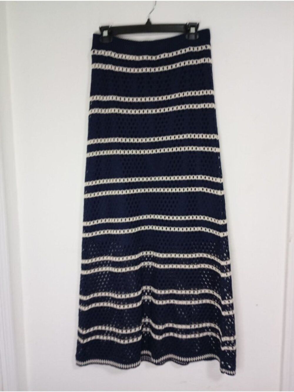 Solitaire Striped Crochet Maxi Skirt Navy & White Medium